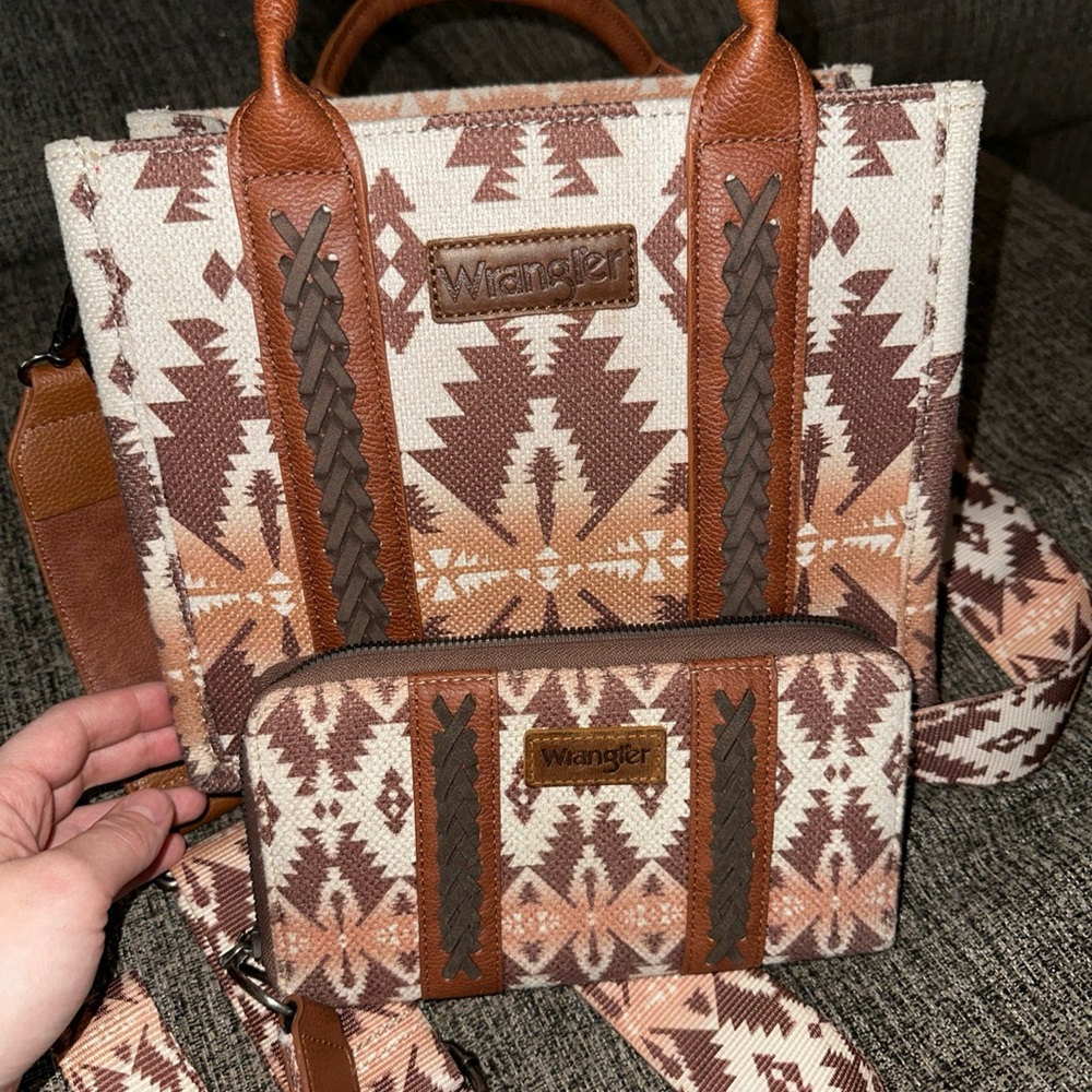 Wrangler Tan and Brown Geometric Tote Set-Purse, Wallet, Dust Bag